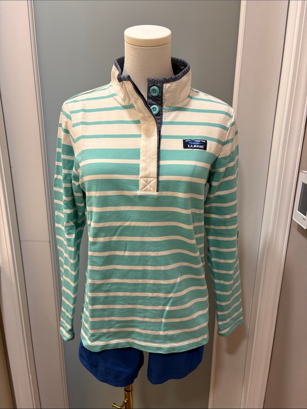 L.L. Bean Mint Green and Cream Striped Snap-Placket Pullover